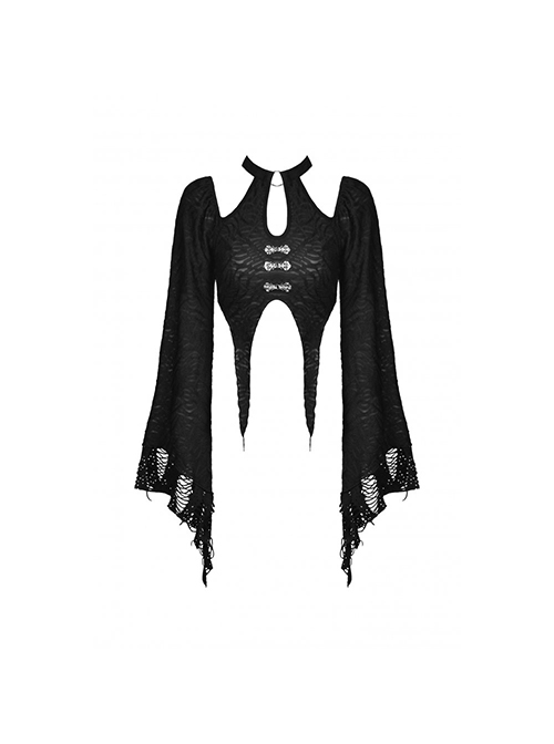 Gothic Retro Metal Buckle Knitted Tattered Design Decadent Black Long Trumpet Sleeves Short Top