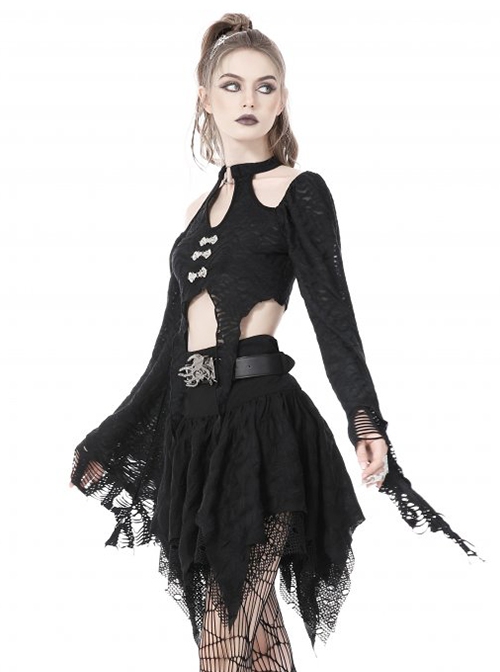 Gothic Retro Metal Buckle Knitted Tattered Design Decadent Black Long Trumpet Sleeves Short Top