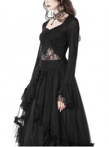 Gothic Style Exquisite Lace Splicing Waist See Through Retro Elegant Black Mesh Long Sleeves Top