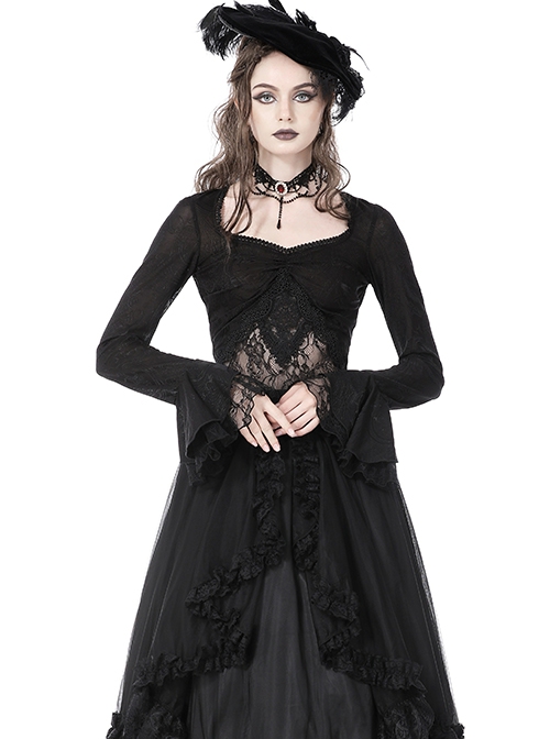 Gothic Style Exquisite Lace Splicing Waist See Through Retro Elegant Black Mesh Long Sleeves Top