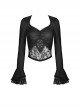 Gothic Style Exquisite Lace Splicing Waist See Through Retro Elegant Black Mesh Long Sleeves Top