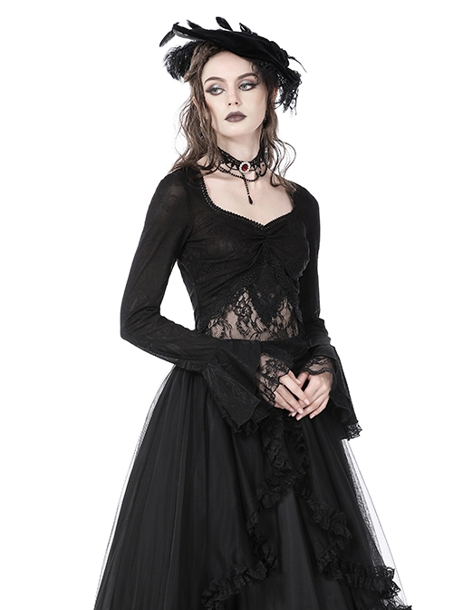 Gothic Style Exquisite Lace Splicing Waist See Through Retro Elegant Black Mesh Long Sleeves Top