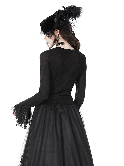 Gothic Style Exquisite Lace Splicing Waist See Through Retro Elegant Black Mesh Long Sleeves Top