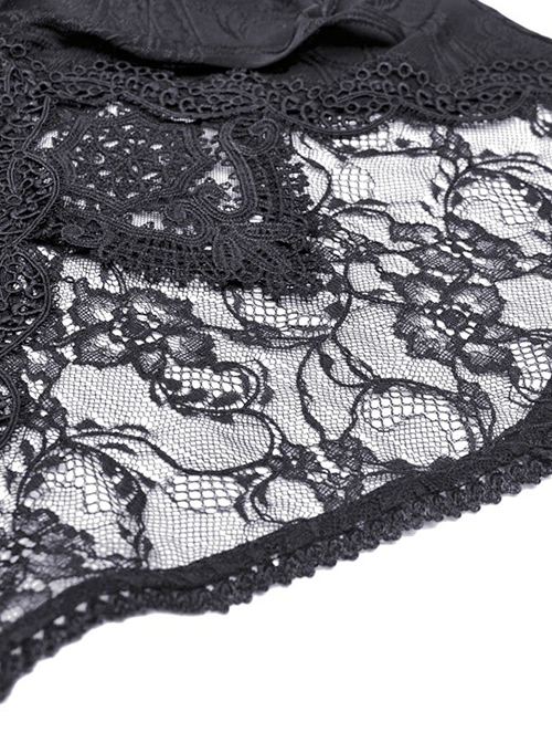 Gothic Style Exquisite Lace Splicing Waist See Through Retro Elegant Black Mesh Long Sleeves Top