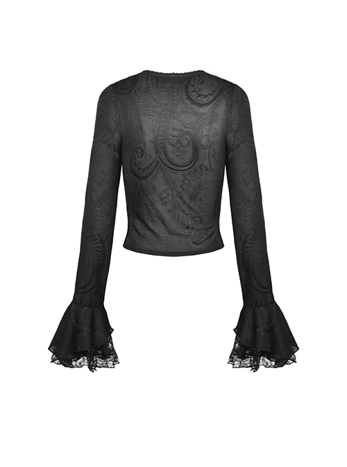 Gothic Style Exquisite Lace Splicing Waist See Through Retro Elegant Black Mesh Long Sleeves Top