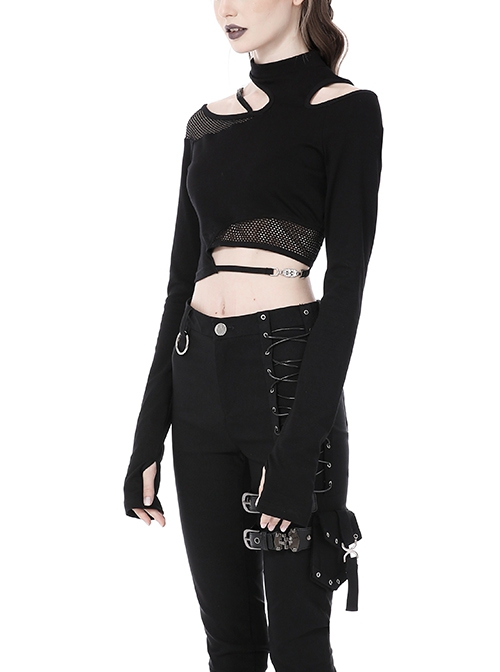 Punk Style Stand Collar Cool Unruly Irregular Hollow Unique Mesh Splicing Sexy Black Long Sleeves Top