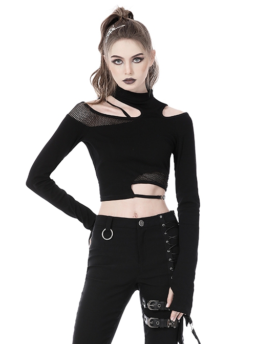 Punk Style Stand Collar Cool Unruly Irregular Hollow Unique Mesh Splicing Sexy Black Long Sleeves Top