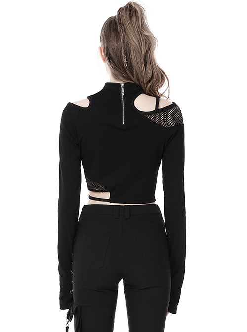 Punk Style Stand Collar Cool Unruly Irregular Hollow Unique Mesh Splicing Sexy Black Long Sleeves Top