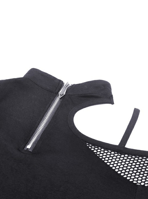 Punk Style Stand Collar Cool Unruly Irregular Hollow Unique Mesh Splicing Sexy Black Long Sleeves Top