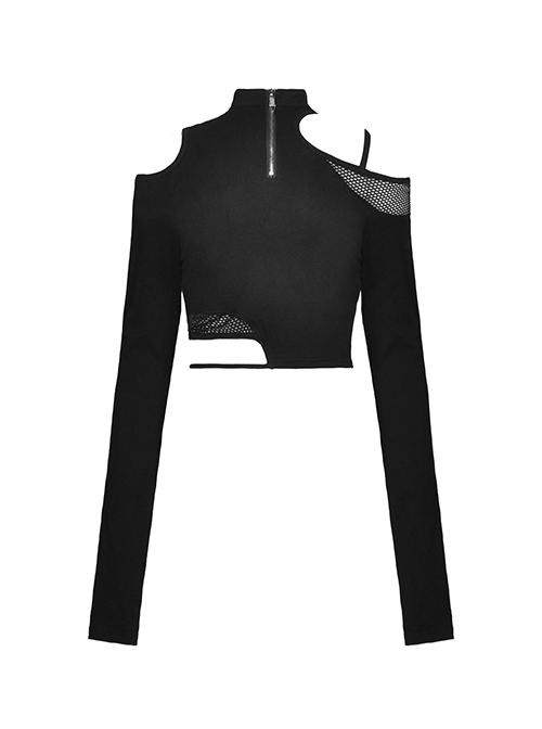 Punk Style Stand Collar Cool Unruly Irregular Hollow Unique Mesh Splicing Sexy Black Long Sleeves Top