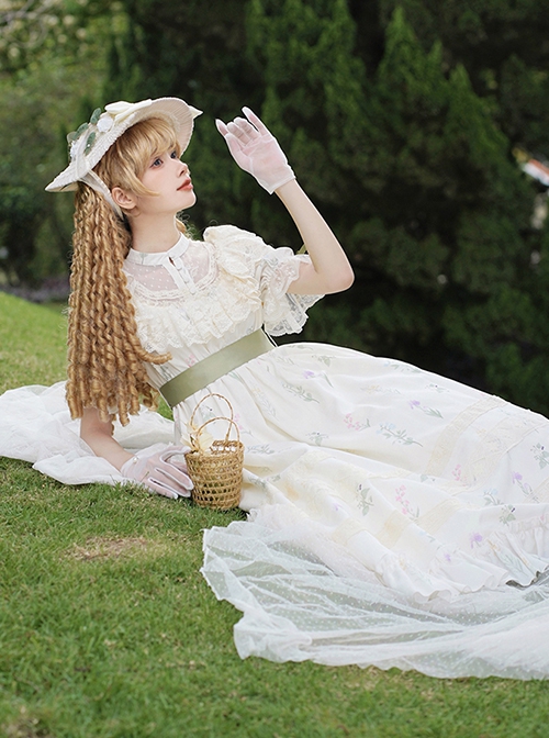 Light Green Fresh Lace Edward Collar Elegant Spring Campanula Phalaenopsis Print Imperial Dress Classic Lolita Dress
