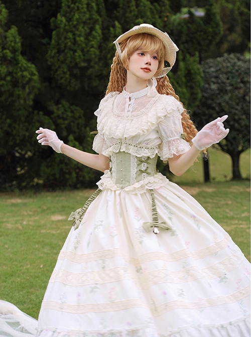 Light Green Fresh Lace Edward Collar Elegant Spring Campanula Phalaenopsis Print Imperial Dress Classic Lolita Dress