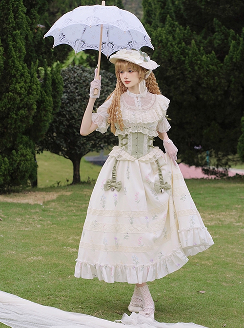 Light Green Fresh Lace Edward Collar Elegant Spring Campanula Phalaenopsis Print Imperial Dress Classic Lolita Dress