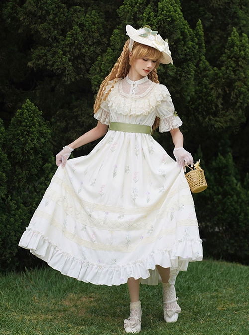 Light Green Fresh Lace Edward Collar Elegant Spring Campanula Phalaenopsis Print Imperial Dress Classic Lolita Dress