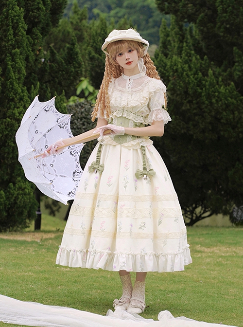 Light Green Fresh Lace Edward Collar Elegant Spring Campanula Phalaenopsis Print Imperial Dress Classic Lolita Dress