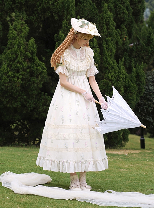 Light Green Fresh Lace Edward Collar Elegant Spring Campanula Phalaenopsis Print Imperial Dress Classic Lolita Dress