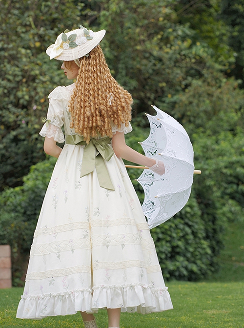 Light Green Fresh Lace Edward Collar Elegant Spring Campanula Phalaenopsis Print Imperial Dress Classic Lolita Dress