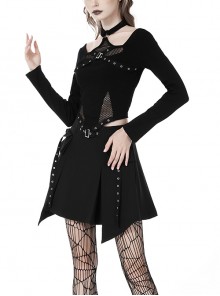 Punk Style Halter Neck Design Sexy Mesh Stitching Backless Metal Ring Buckle Black Long Sleeves Top