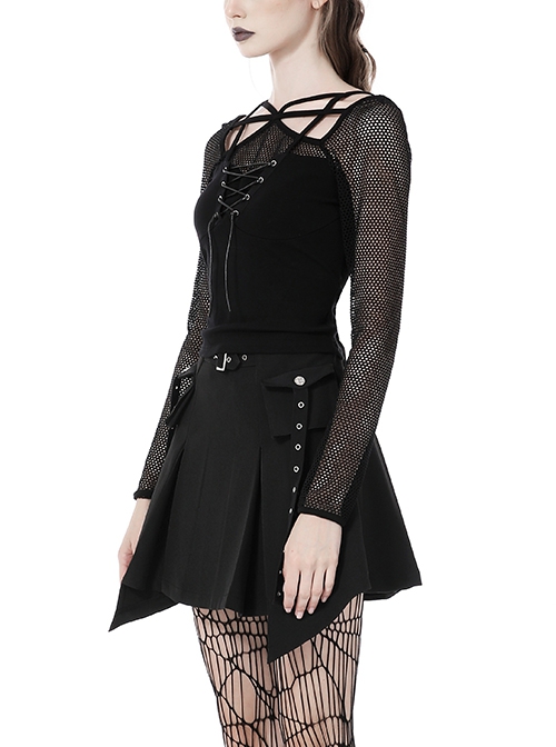 Punk Style Rebellious Girl Leather Cross Strap Mesh Lace Black Slim Suspender Long Sleeves Top