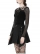 Punk Style Rebellious Girl Leather Cross Strap Mesh Lace Black Slim Suspender Long Sleeves Top
