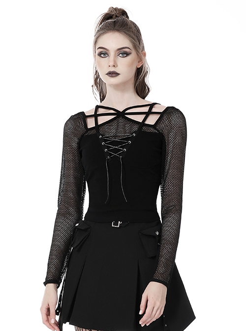 Punk Style Rebellious Girl Leather Cross Strap Mesh Lace Black Slim Suspender Long Sleeves Top
