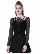 Punk Style Rebellious Girl Leather Cross Strap Mesh Lace Black Slim Suspender Long Sleeves Top