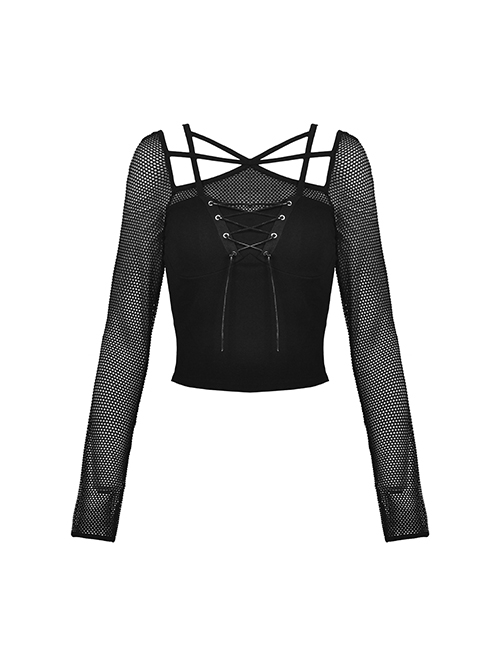 Punk Style Rebellious Girl Leather Cross Strap Mesh Lace Black Slim Suspender Long Sleeves Top