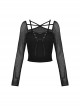 Punk Style Rebellious Girl Leather Cross Strap Mesh Lace Black Slim Suspender Long Sleeves Top