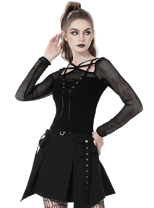 Punk Style Rebellious Girl Leather Cross Strap Mesh Lace Black Slim Suspender Long Sleeves Top