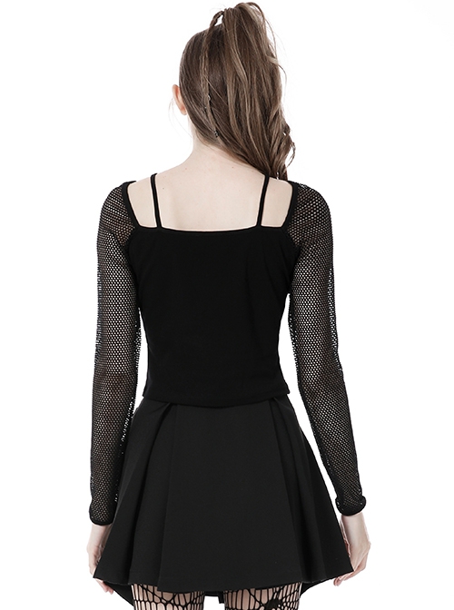 Punk Style Rebellious Girl Leather Cross Strap Mesh Lace Black Slim Suspender Long Sleeves Top