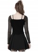 Punk Style Rebellious Girl Leather Cross Strap Mesh Lace Black Slim Suspender Long Sleeves Top