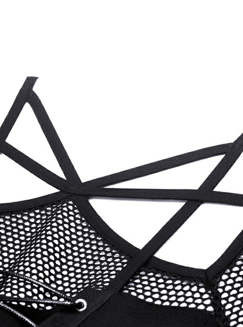 Punk Style Rebellious Girl Leather Cross Strap Mesh Lace Black Slim Suspender Long Sleeves Top
