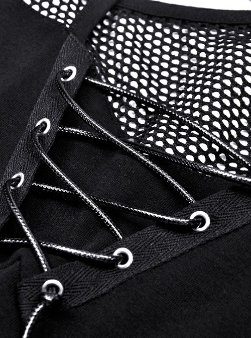 Punk Style Rebellious Girl Leather Cross Strap Mesh Lace Black Slim Suspender Long Sleeves Top
