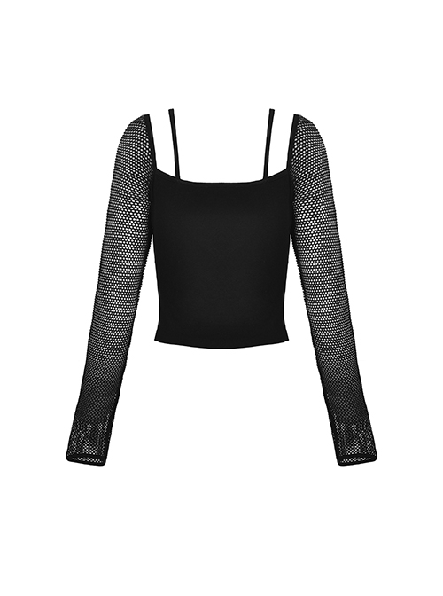 Punk Style Rebellious Girl Leather Cross Strap Mesh Lace Black Slim Suspender Long Sleeves Top