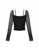 Punk Style Rebellious Girl Leather Cross Strap Mesh Lace Black Slim Suspender Long Sleeves Top