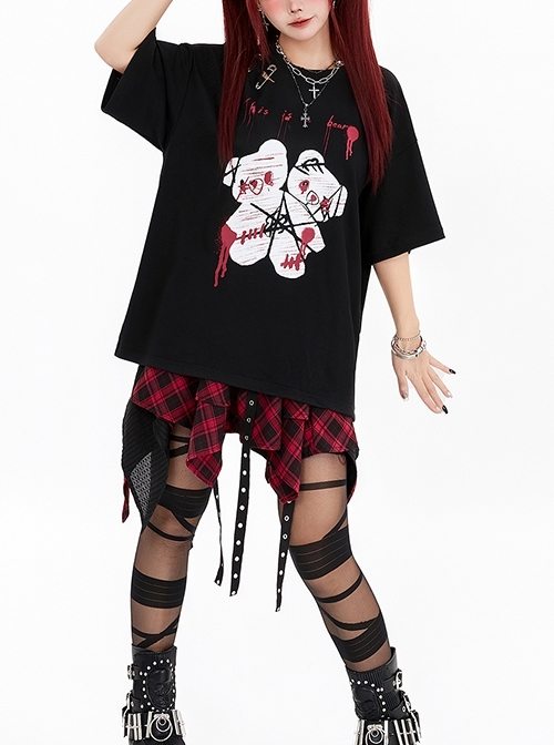 Versatile Dark Subculture Double Head Injured Bloody White Bear Rebellious Punk Kawaii Fashion Black T-Shirt