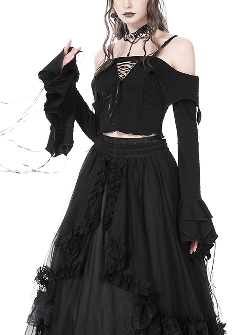 Gothic Style Sexy One Shoulder Hollows Chest Gorgeous Multi-Layered Trumpet Sleeves Black Suspender Top