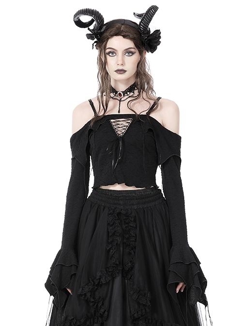 Gothic Style Sexy One Shoulder Hollows Chest Gorgeous Multi-Layered Trumpet Sleeves Black Suspender Top