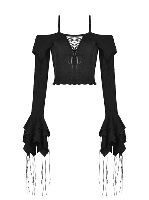 Gothic Style Sexy One Shoulder Hollows Chest Gorgeous Multi-Layered Trumpet Sleeves Black Suspender Top