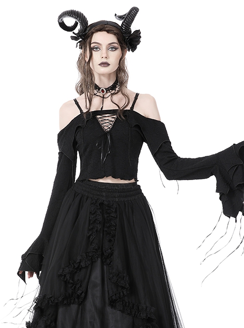 Gothic Style Sexy One Shoulder Hollows Chest Gorgeous Multi-Layered Trumpet Sleeves Black Suspender Top