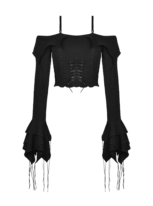 Gothic Style Sexy One Shoulder Hollows Chest Gorgeous Multi-Layered Trumpet Sleeves Black Suspender Top