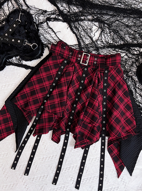 Trial Record Series Dark Punk Hottie Subculture Y2K Irregular Spliced Black Belt High Waist Red Black Plaid Skirt