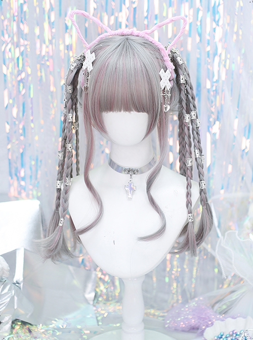 Singer Series Punk Style Pink Gray Highlights Simulation Flat Bangs Big Curly Long Hair Sweet Lolita Wig