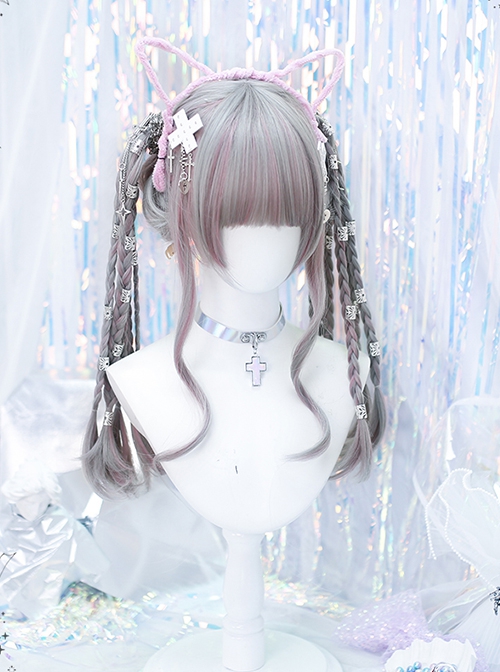 Singer Series Punk Style Pink Gray Highlights Simulation Flat Bangs Big Curly Long Hair Sweet Lolita Wig