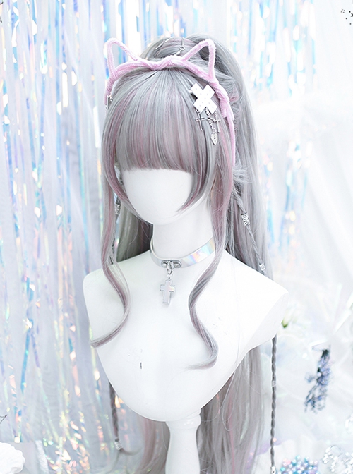 Singer Series Punk Style Pink Gray Highlights Simulation Flat Bangs Big Curly Long Hair Sweet Lolita Wig