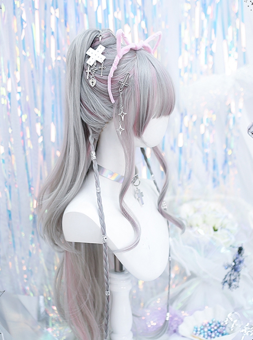 Singer Series Punk Style Pink Gray Highlights Simulation Flat Bangs Big Curly Long Hair Sweet Lolita Wig