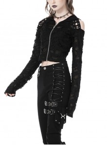 Punk Style Decadent Ripped Sexy Hollow Strapless Backless Cross Strap Black Hooded Long Sleeves Top