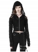 Punk Style Decadent Ripped Sexy Hollow Strapless Backless Cross Strap Black Hooded Long Sleeves Top