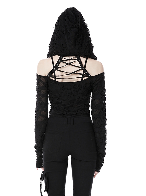 Punk Style Decadent Ripped Sexy Hollow Strapless Backless Cross Strap Black Hooded Long Sleeves Top