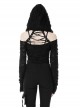 Punk Style Decadent Ripped Sexy Hollow Strapless Backless Cross Strap Black Hooded Long Sleeves Top
